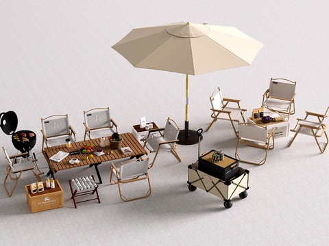 现代户外桌椅 露营桌椅 遮阳伞 户外椅 露营车su模型