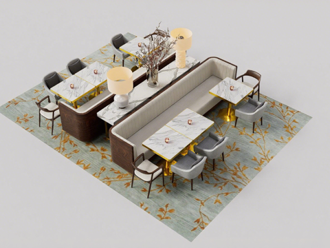 现代轻奢餐厅卡座沙发 轻奢餐厅家具套组 卡座沙发组合系统 大su模型