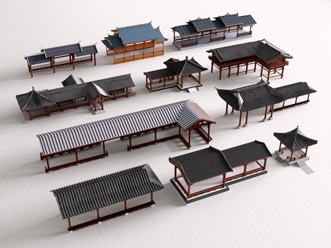  中式仿古景观长廊 连廊 木亭廊 回廊 景观凉亭3d模型 