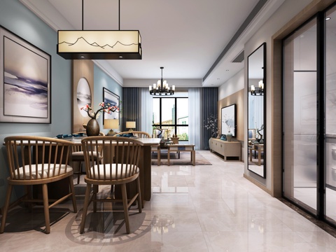  现代新中式客餐厅 沙发茶几餐桌餐厅3d模型 