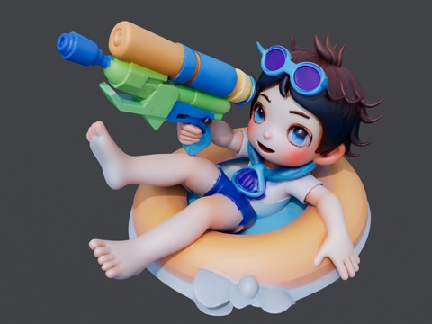 戴泳镜坐在游泳圈上玩挤水枪的小男孩su模型