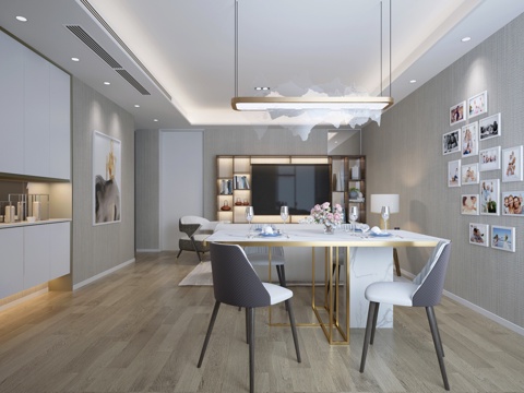  现代简约客餐厅餐桌椅组合电视柜装饰画组合装饰柜餐桌餐椅吊灯3d模型 