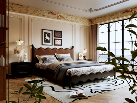 法式中古风卧室 双人床 床头柜 法式床头背景墙 衣柜su模型