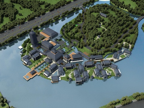  新中式徽派商业街别墅会所鸟瞰3d模型 