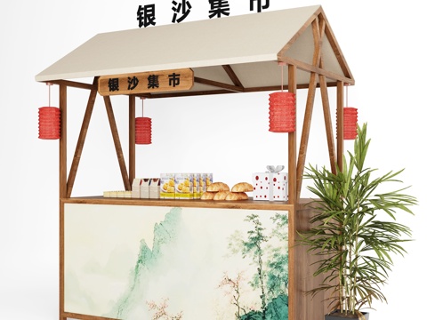 现代集市摊位 售货车 夜市摊位su模型