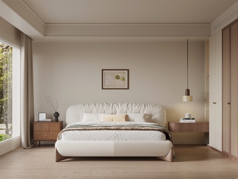 现代中古风卧室 双人床 衣柜su模型