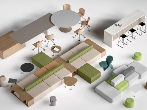 现代茶水间桌椅 公司休息区桌椅 吧台桌椅 休闲沙发su模型