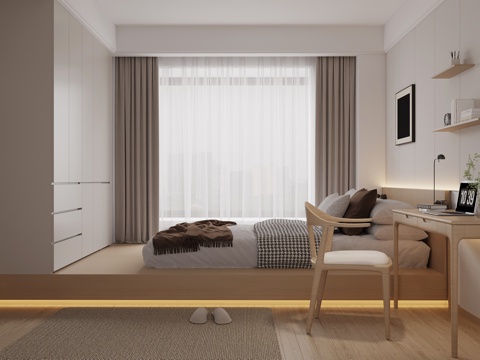 现代榻榻米卧室 双人床 书桌椅su模型