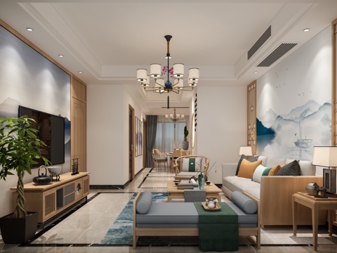  新中式客餐厅 沙发茶几 吊灯 桌面摆件 挂画 电视柜 地3d模型 