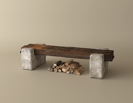 中式户外景观坐凳 木材 石材 长条形su模型