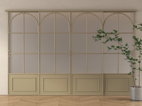 中古风推拉门 玻璃推拉门 绿植su模型