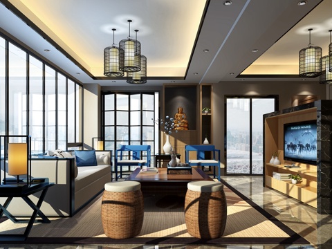  新中式客餐厅 极简中式家具 沙发 吊灯 茶几 电视柜 方几3d模型 