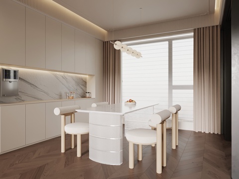 现代奶油风餐厅 餐桌椅 餐边柜su模型