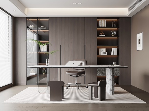 现代意式书房 书桌椅 书柜su模型