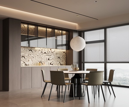 现代意式餐厅 餐桌椅 餐柜su模型