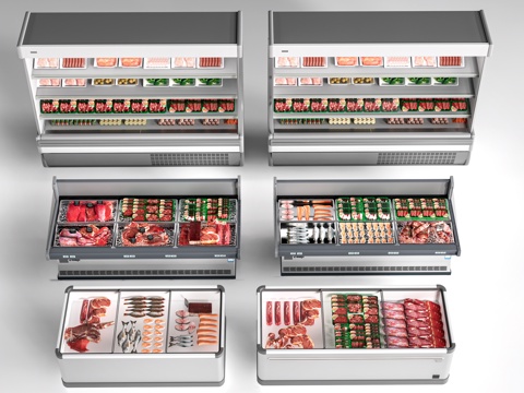 现代超市冷柜 超市冰柜 冷鲜肉冰柜 冻品区 冷藏货架su模型