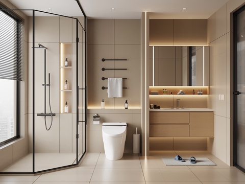  现代意式卫生间 浴室柜 马桶 淋浴间3d模型 