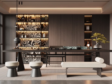 现代意式茶室 茶桌椅 茶柜 书柜 置物柜su模型