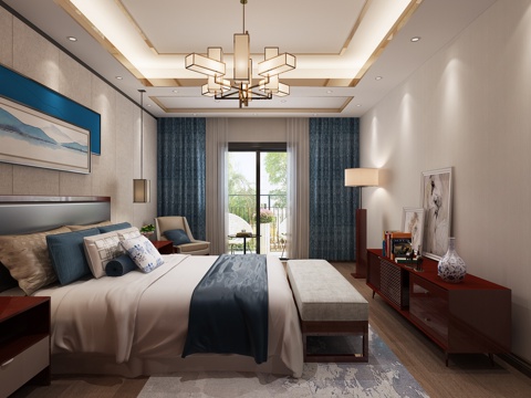  新中式卧室主卧 红木电视柜  双人床 单人床 床 床头柜3d模型 