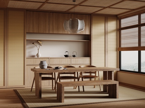 新中式餐厅 酒柜 餐桌椅su模型