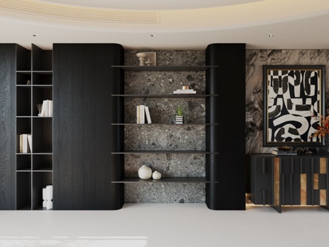 轻奢意式装饰柜 开放式收纳柜 客厅储物柜 客厅装饰柜 整排柜su模型