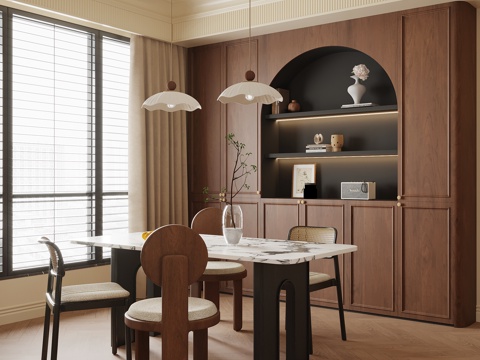 中古风餐厅 酒柜 餐边柜 餐桌椅su模型