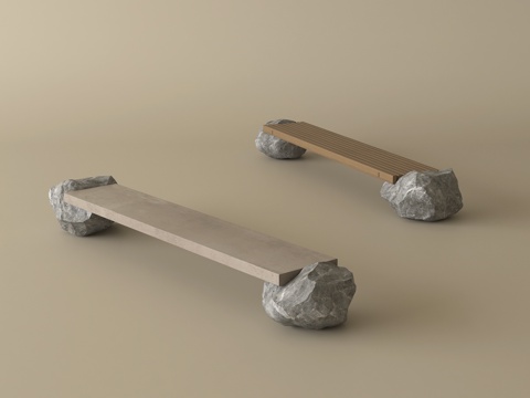 中式户外景观坐凳 木材 石材 长条形su模型