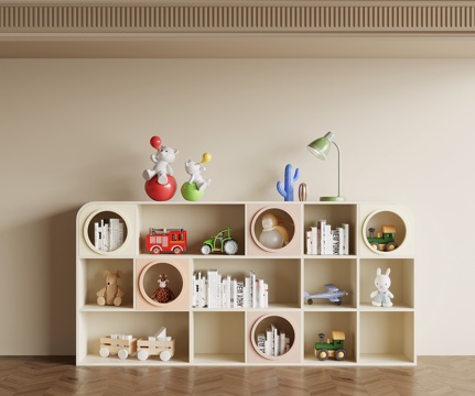 现代奶油风儿童柜 书柜 置物柜su模型