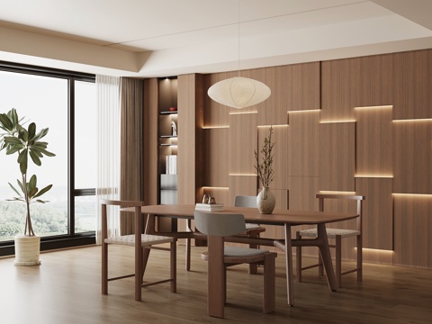 中古风餐厅 餐桌椅 背景墙su模型