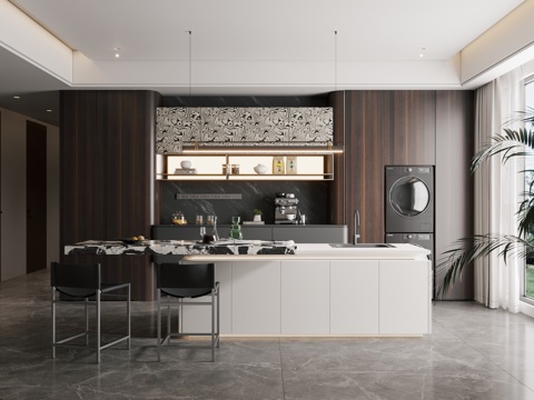  意式极简岛台餐厅  岛台餐桌椅 现代岛台餐厅3d模型 