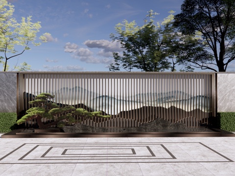 新中式 景墙 山水格栅景墙 禅意景墙 对景景墙 水景景墙 山su模型