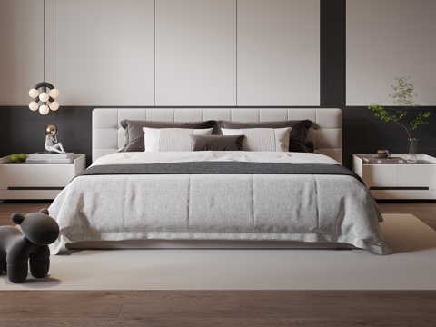 现代双人床 床头靠背 落地床su模型