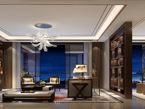  新中式客餐厅 极简中式家具 沙发 吊灯 茶几 电视柜 餐3d模型 