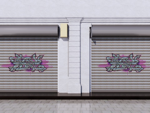 现代 卷闸门 商业金属卷帘门 涂鸦卷帘门 商业街铺面 铁闸门su模型