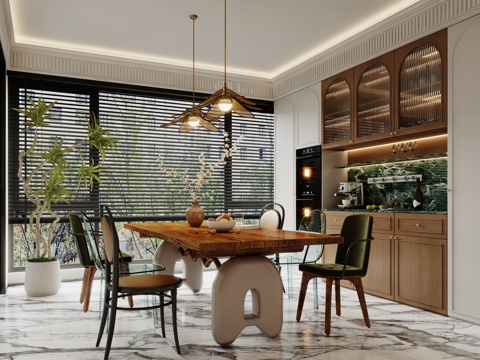  现代中古风餐厅 餐桌椅 餐边柜 吊灯3d模型 