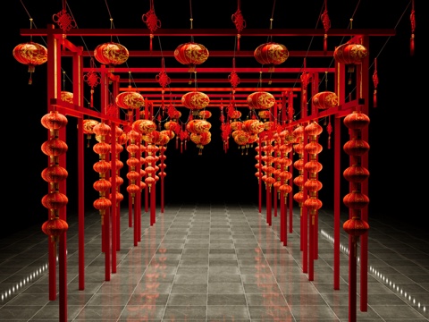 中式 美陈 红灯笼 春节元宵灯笼国潮美陈 灯笼木架 彩灯su模型