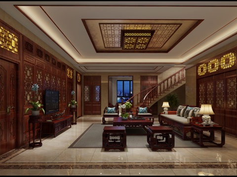  中式别墅客餐厅 沙发茶几 吊灯 桌面摆件 挂画 电视柜3d模型 