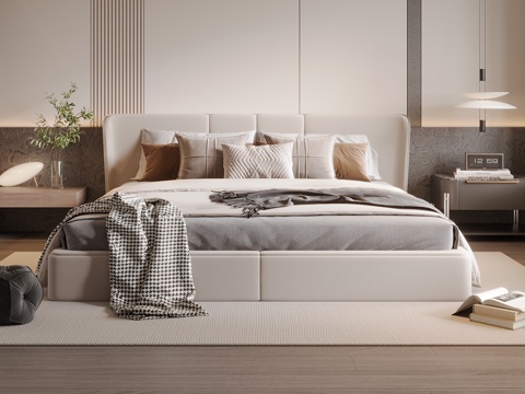 现代双人床 床头靠背 落地床su模型