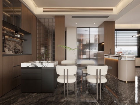  轻奢意式家居餐厅 大理石餐桌 开放式餐厅 无主灯餐厅 餐椅3d模型 