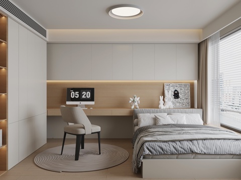 现代榻榻米卧室 双人床 书桌椅su模型