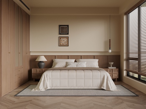 中古风卧室 衣柜 双人床su模型