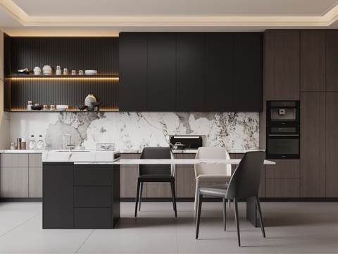 现代意式厨房 开放式厨房 岛台 餐厅su模型