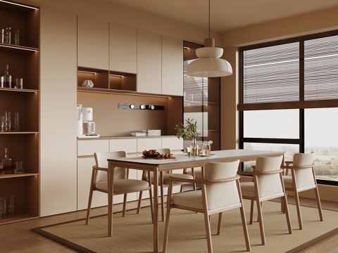 新中式餐厅 餐桌椅 酒柜su模型