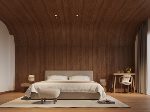 侘寂风卧室 民宿客房 双人床su模型