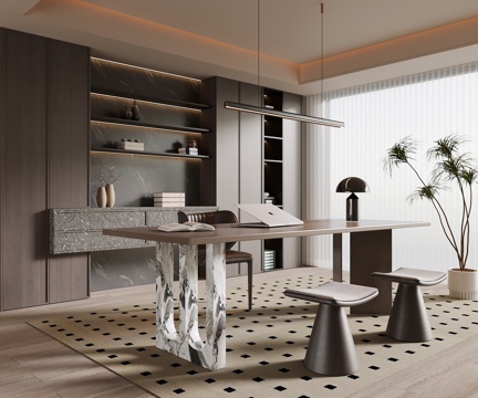 现代意式书房 书柜 书桌椅su模型