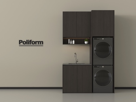 现代洗衣机柜  洗衣机烘干机 阳台洗衣机柜 洗衣台盆su模型