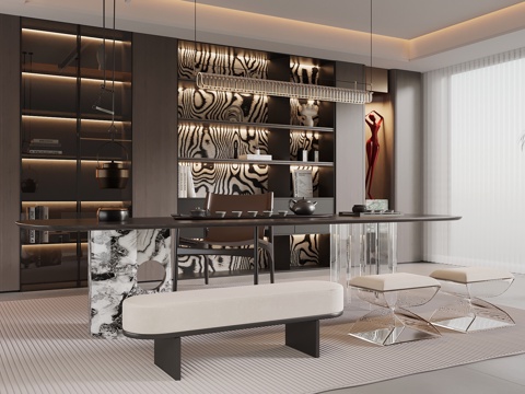 现代意式茶室 茶桌椅 置物架 书架su模型