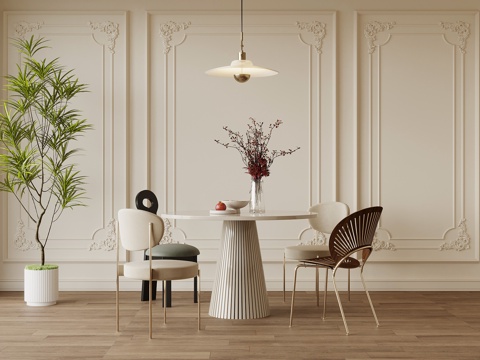 法式奶油风餐桌椅 圆形餐桌su模型