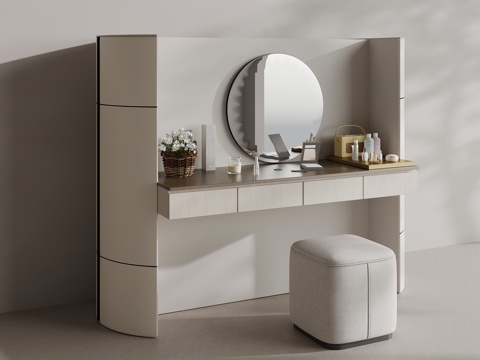 现代梳妆台 梳妆凳 化妆镜 化妆品su模型