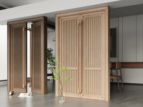 新中式木质双开门su模型